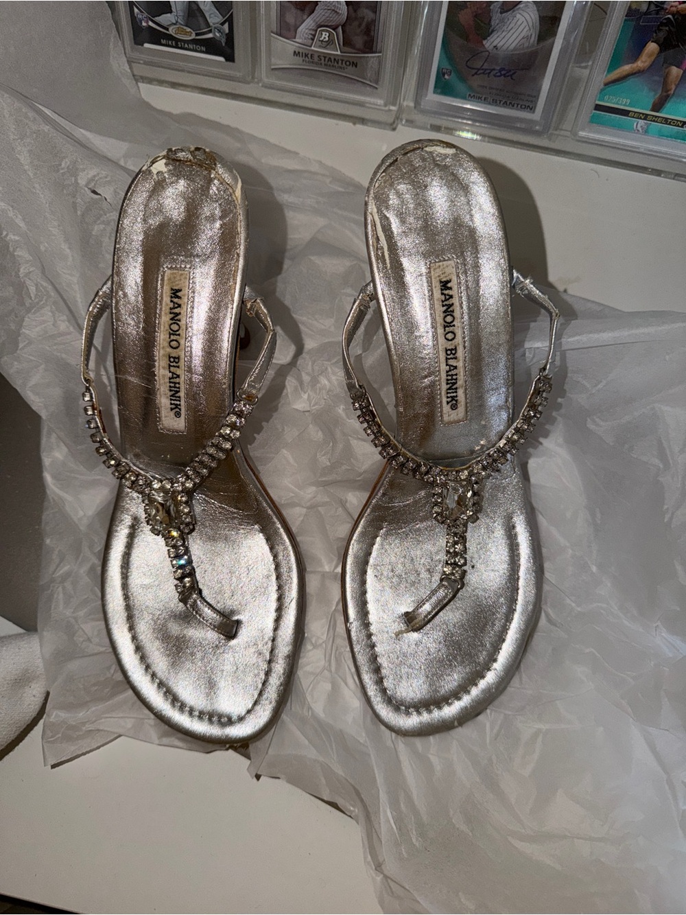 Manolo Blahnik Silver Jeweled T-Strap Sandals